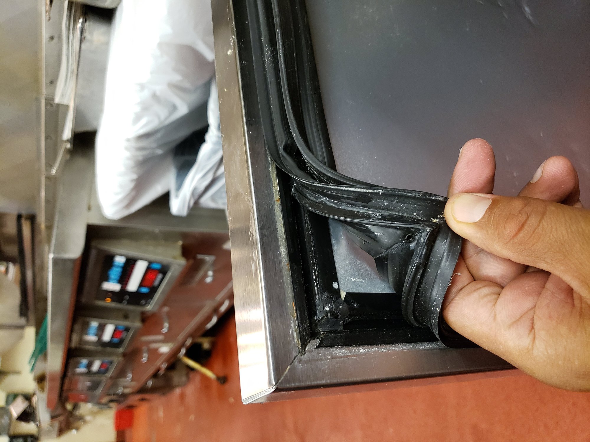 Close-up inspection of a commercial refrigeration door gasket